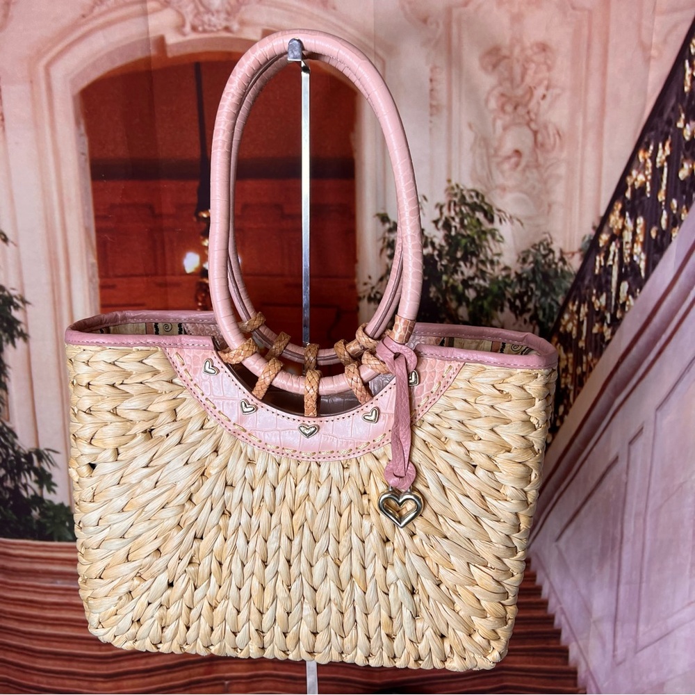BRIGHTON Leili Dusty Rose Crocodile Straw Tote Bag Boho Granny Core 9"H x 12"W